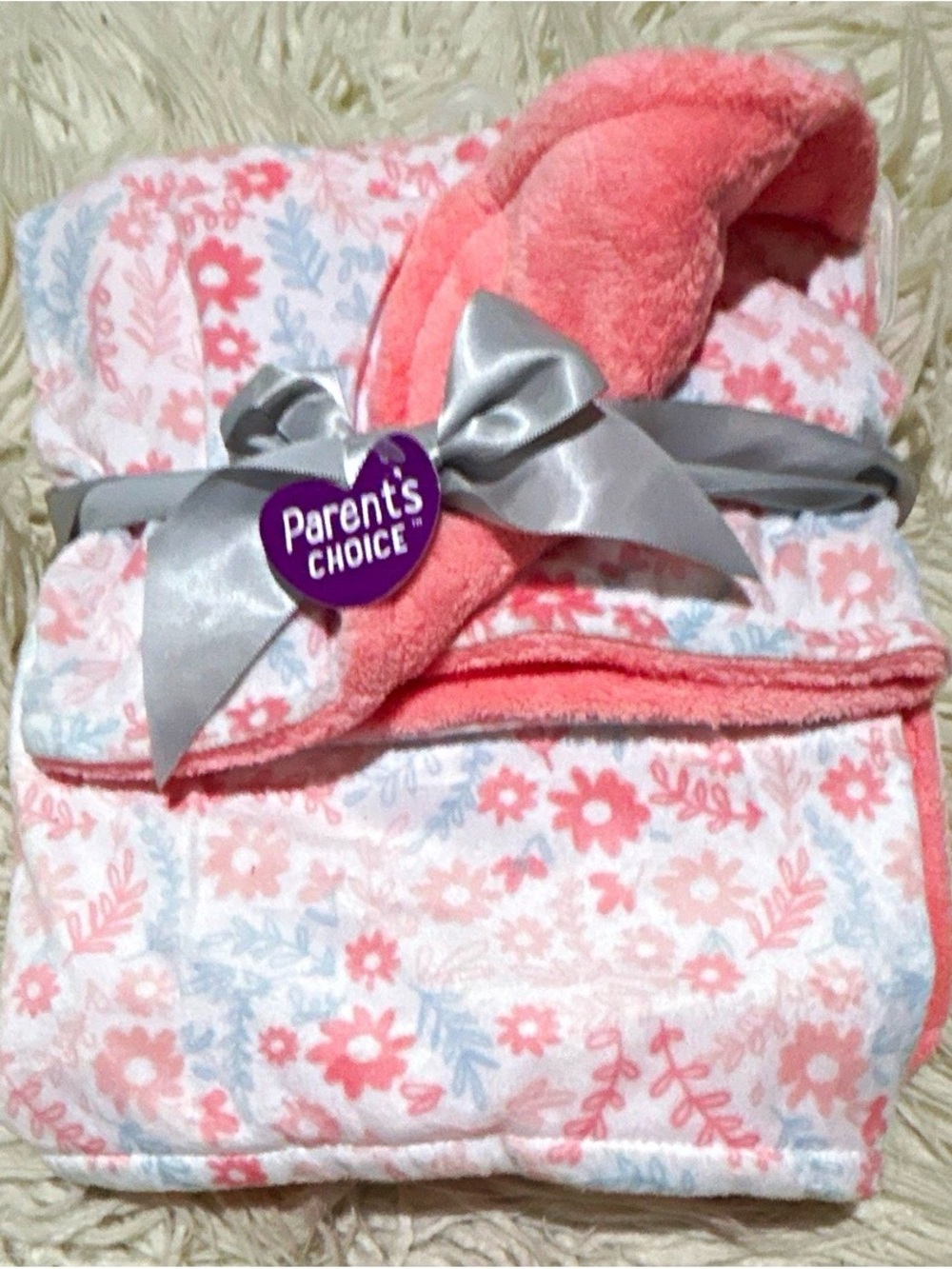 NEW Parent's Choice Pink Floral Plush Baby Blanket 30x40 Polyester